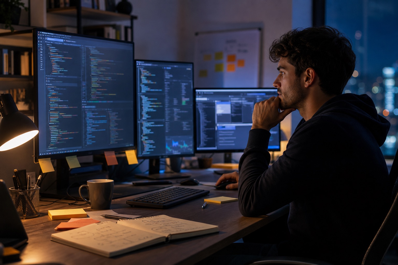 Developer working late at a desk with code, terminal, and browser tools open