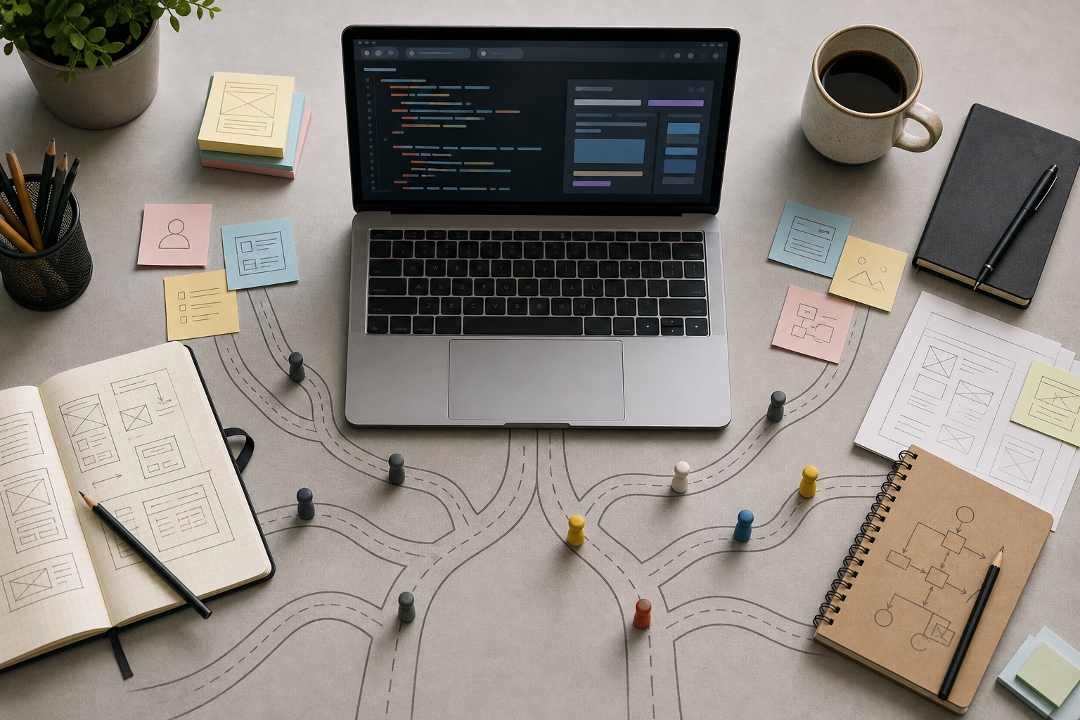 Desk setup with code, notes, and project planning for learning web development